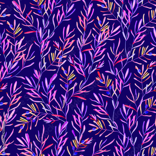 Bright seamless pattern with watercolor olive branches. Rich purple colorist with red and yellow accents. For wrapping paper, textiles
