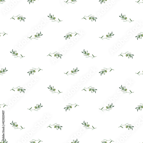 Light vintage pattern with olive branches and fruits. Watercolor illustration on white background. For invitations, cards, fabric. © Maria Prokosheva