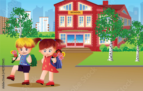 Happy children coming from school. Back to school vector illustration.
