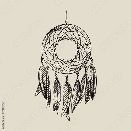 Hand drawn sketch of Amulet of the Dream catcher on a white background. Dream catcher amulet. Spider. amulet for good dreams 