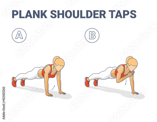 Plank Shoulder Taps Female Home Workout Exercise Guidance.  Woman Doing Shoulder Touches from Plank.