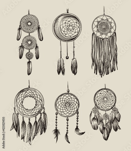 Hand drawn sketch of Amulet of the Dream catcher on a white background. Dream catcher amulet. Spider. amulet for good dreams 