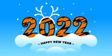 Happy New Year 2022, a symbol of a tiger in China and East Asia. Figures in tiger skins texture on blue background and snow. Greeting card concept, invitations, brochures, calendar. Vector, illustrati