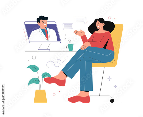 Psychologist online concept. Male psychotherapist helping patient. Vector flat cartoon illustration