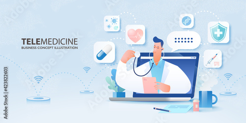 Telemedicine concept banner. Video call with doctor via online technology with flat cartoon character of doctor pops out from a laptop computer and medical icons