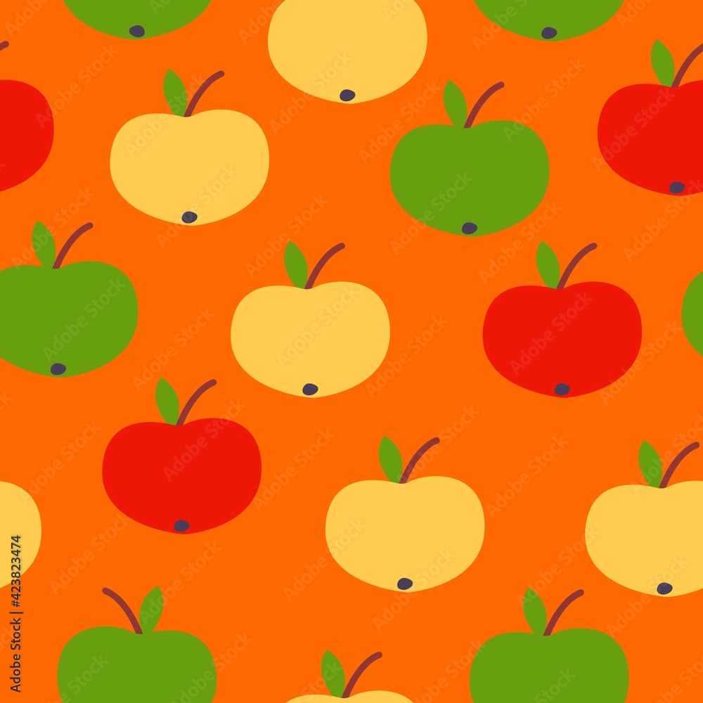 Seamless pattern. Red, green, yellow apples. Orange background. Vegan or vegetarian. Healthy lifestyle. Nature and ecology. Agriculture and gardening. Post cards, wallpaper, textile, wrapping paper Seamless pattern. Red, green, yellow apples. Orange background. Vegan or vegetarian. Healthy lifestyle. Nature and ecology. Agriculture and gardening. Post cards, wallpaper, textile, wrapping paper
