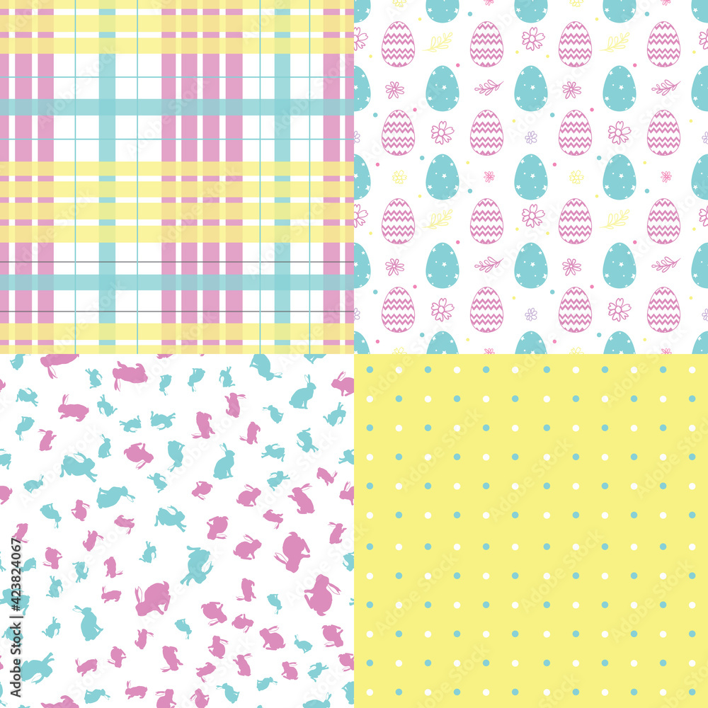 Happy Easter! Set of cute holiday backgrounds. Collection of colorful seamless patterns with traditional symbols.