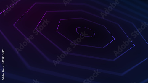 Loopable abstract digital geometric shapes background. Futuristic sparkling pattern that moves forward with purple colors on dark. Technology and cyber concept with copy space