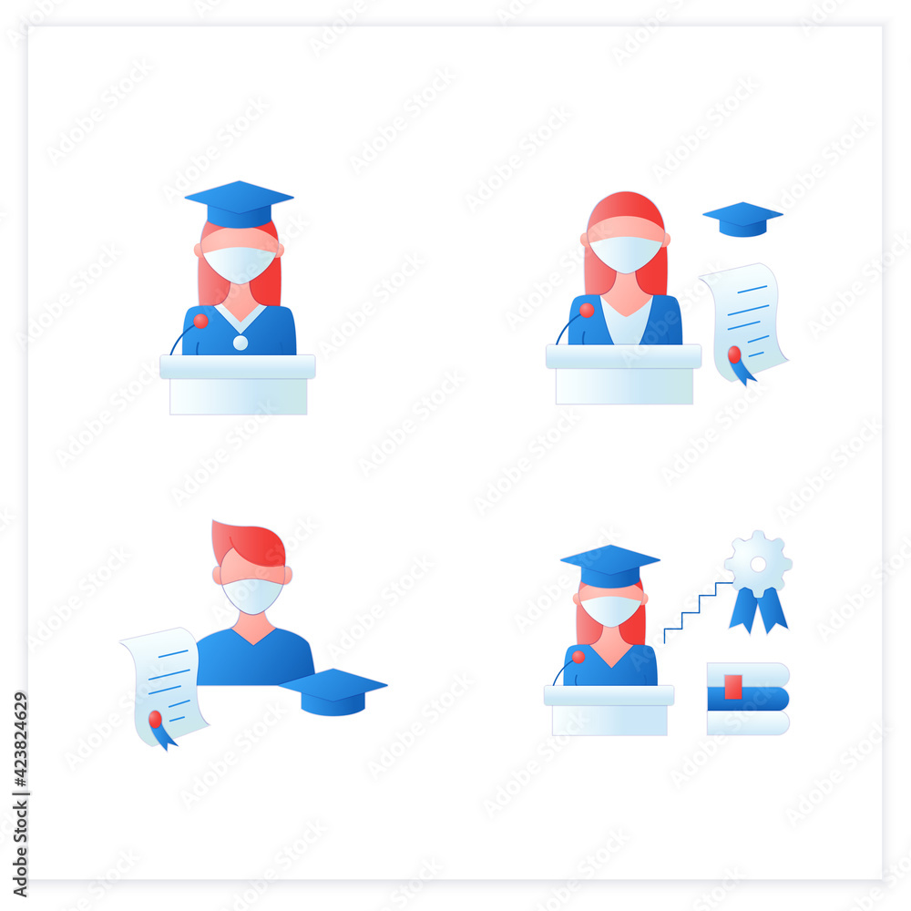 Fototapeta premium Graduation flat icons set. Professional development. Academic career, undergraduate student, graduation speech, ceremony. Studying concept. 3d vector illustrations