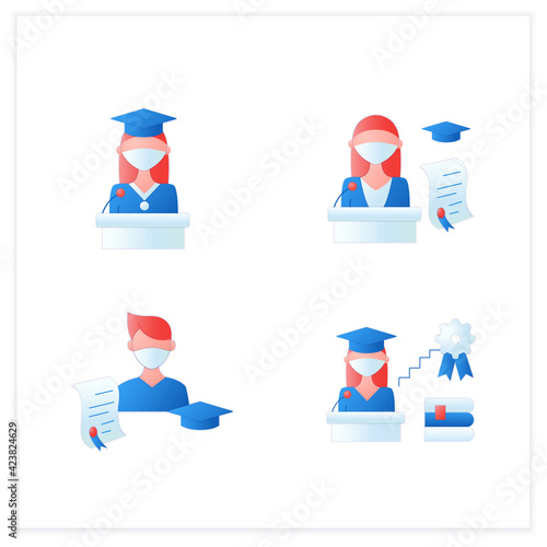 Graduation flat icons set. Professional development. Academic career, undergraduate student, graduation speech, ceremony. Studying concept. 3d vector illustrations