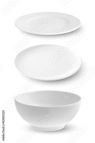 Vector 3d Realistic White Empty Porcelain, Ceramic Plate, Bowl Icon Set Closeup Isolated on White Background. Design Template for Mockup. Stock Vector Illustration. Front, Top, Side View