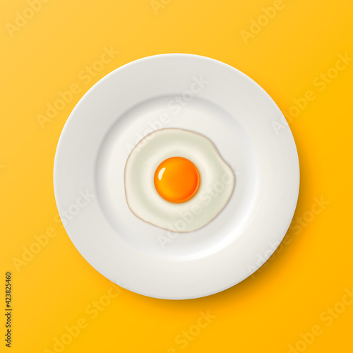 Vector 3d Realistic White Porcelain, Ceramic Plate and Fried Egg, Omelette Closeup on Yellow Background. Design Template for Mockup. Stock Vector Illustration. Top View