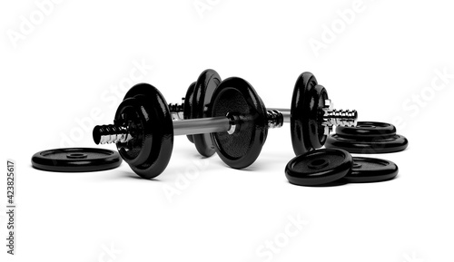 Fototapeta Naklejka Na Ścianę i Meble -  Two fitness gym dumbbells with chrome handle and black plates stacked in front over white background, muscle exercise, bodybuilding or fitness concept