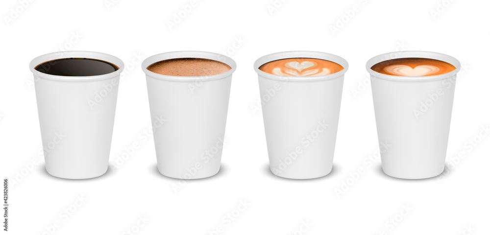 Vector 3d Realistic Paper White Disposable Cup Set Isolated with Black, Milk Coffee Foam Isolated on White Background. Latte, Capuccino, Espresso, Mocha, Americano. Design Template for Mockup Vector 3d Realistic Paper White Disposable Cup Set Isolated with Black, Milk Coffee Foam Isolated on White Background. Latte, Capuccino, Espresso, Mocha, Americano. Design Template for Mockup