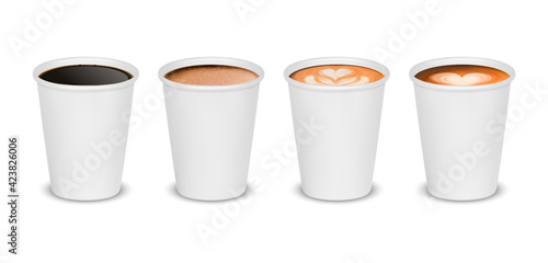 Vector 3d Realistic Paper White Disposable Cup Set Isolated with Black, Milk Coffee Foam Isolated on White Background. Latte, Capuccino, Espresso, Mocha, Americano. Design Template for Mockup