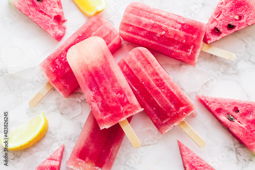 Homemade watermelon popsicles with ice