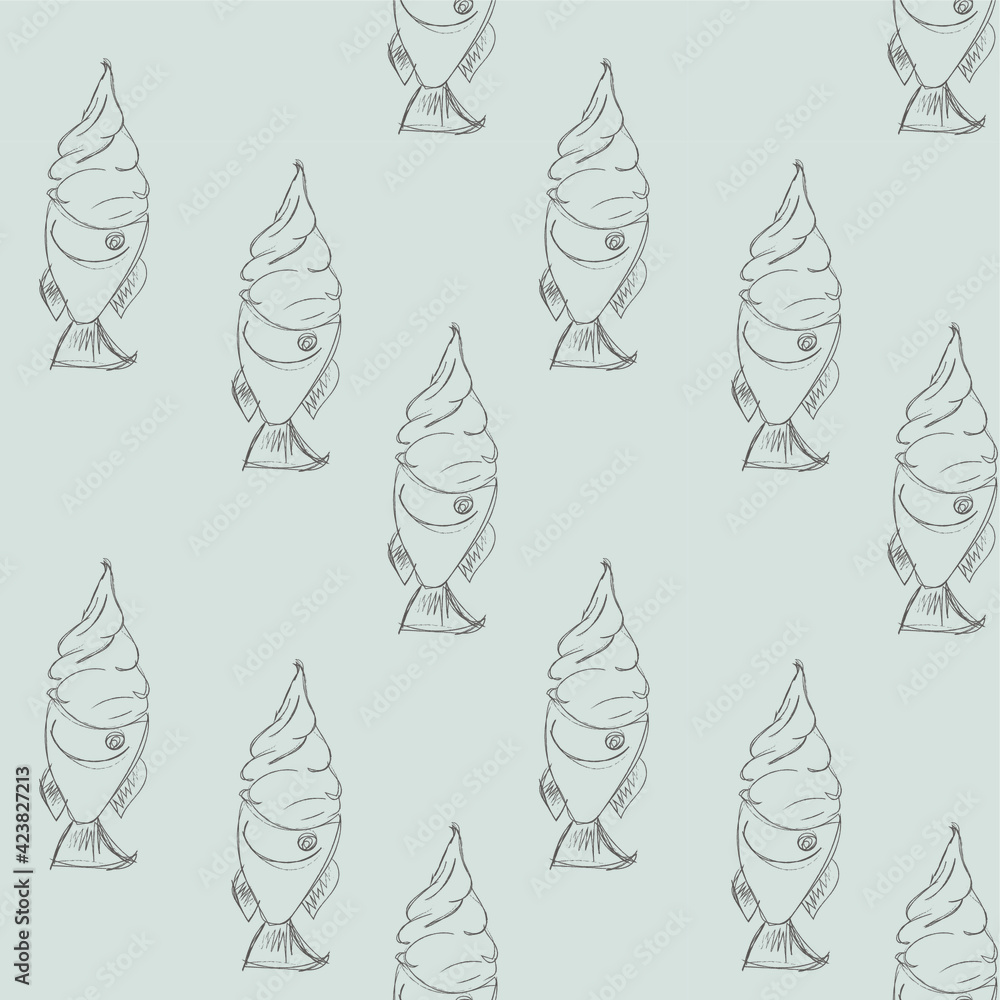 japanese ice cream seamless pattern. taiyaki. waffle fish. print for fabric, packaging. kawaya, yummy. poster, banner. wallpaper for the pastry shop. EPS 10 vector. gray. japanese ice cream seamless pattern. taiyaki. waffle fish. print for fabric, packaging. kawaya, yummy. poster, banner. wallpaper for the pastry shop. EPS 10 vector. gray.