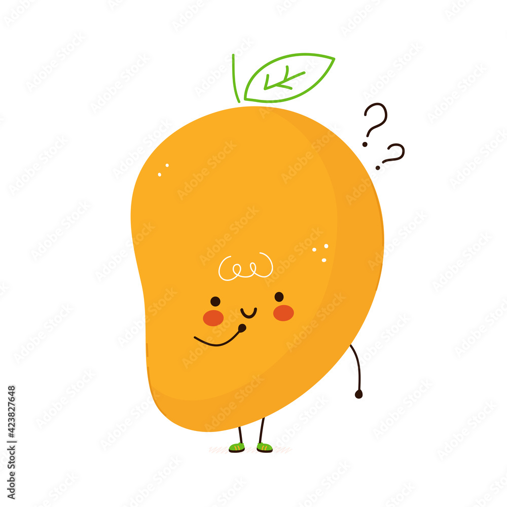 Cute funny Mango fruit with question marks. Vector hand drawn cartoon kawaii character illustration icon. Isolated on white background. Mango fruit think concept Cute funny Mango fruit with question marks. Vector hand drawn cartoon kawaii character illustration icon. Isolated on white background. Mango fruit think concept