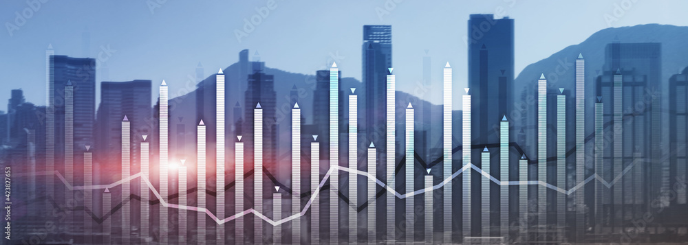 Financial growth chart graph diagram analysis big data trading investment concept. city view skyline website header banner double exposure