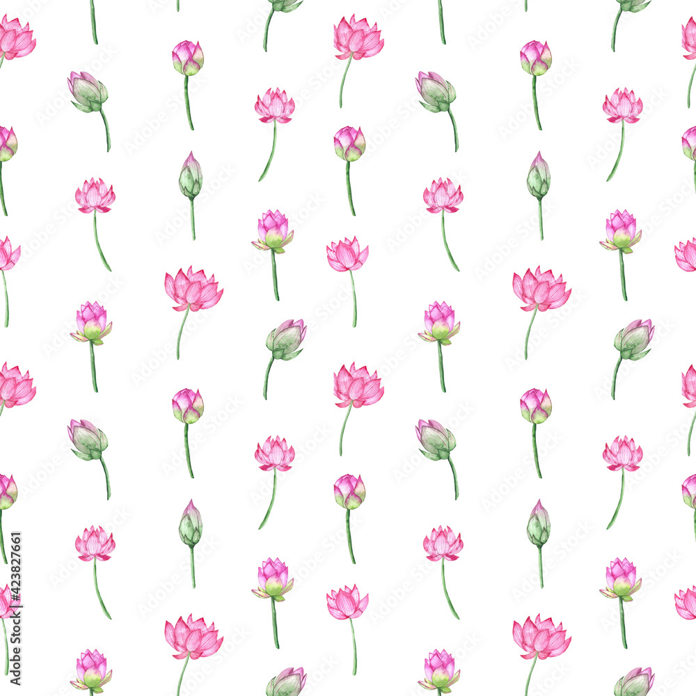 Lotus flower seamless pattern. Watercolor pink lotus isolated on white background. Hand drawn realistic watercolour flowers. Wedding decor, home decor, textile, greeting card, fashion fabric.