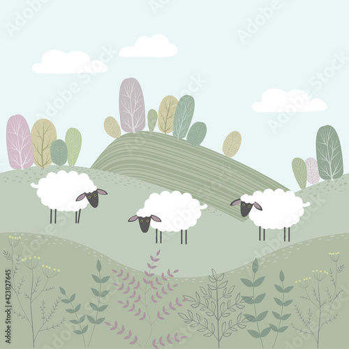 Vector spring landscape with fields and trees. White sheep stand in the meadow. 