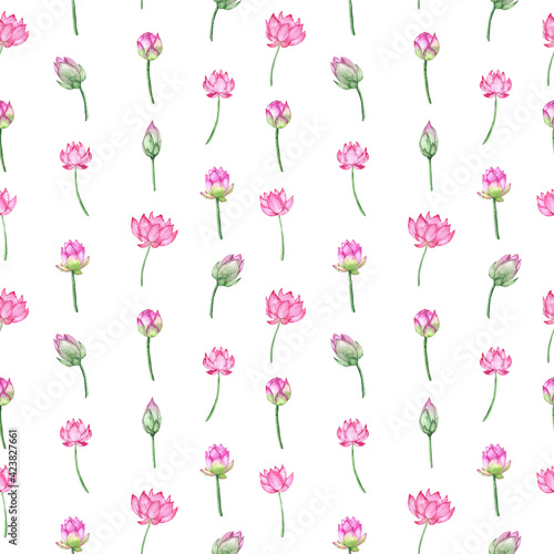 Lotus flower seamless pattern. Watercolor pink lotus isolated on white background. Hand drawn realistic watercolour flowers. Wedding decor  home decor  textile  greeting card  fashion fabric.