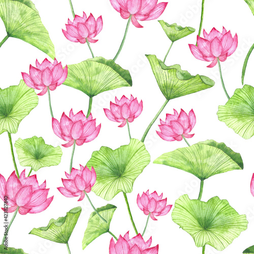 Lotus flower seamless pattern. Watercolor pink lotus isolated on white background. Hand drawn realistic watercolour flowers. Wedding decor  home decor  textile  greeting card  fashion fabric.