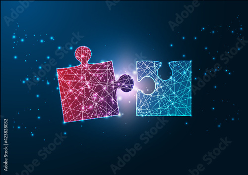 Futuristic glowing wireframe design red and blue jigsaw puzzle pieces fitting each other.