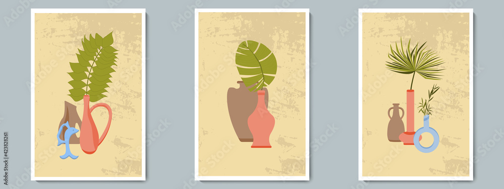 Hand Draw Pottery Vase Set with Tropical Plants. Trendy Collage for Decoration in Greek Style.