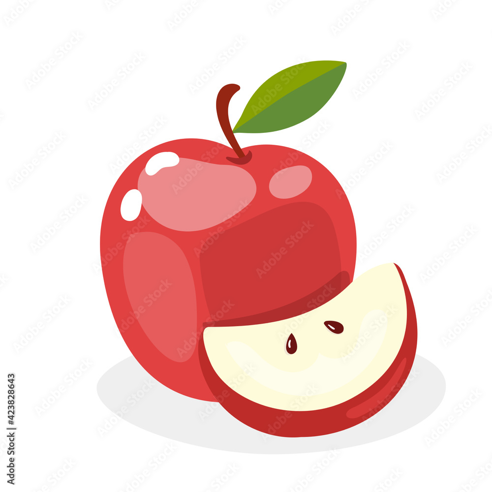 Obraz premium Red apple isolated on white background in a cartoon style. Vector illustration.