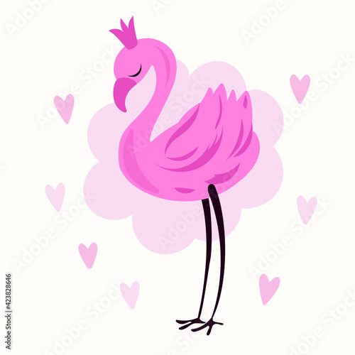 Pink flamingo with a crown staying on one leg. Premium vector.