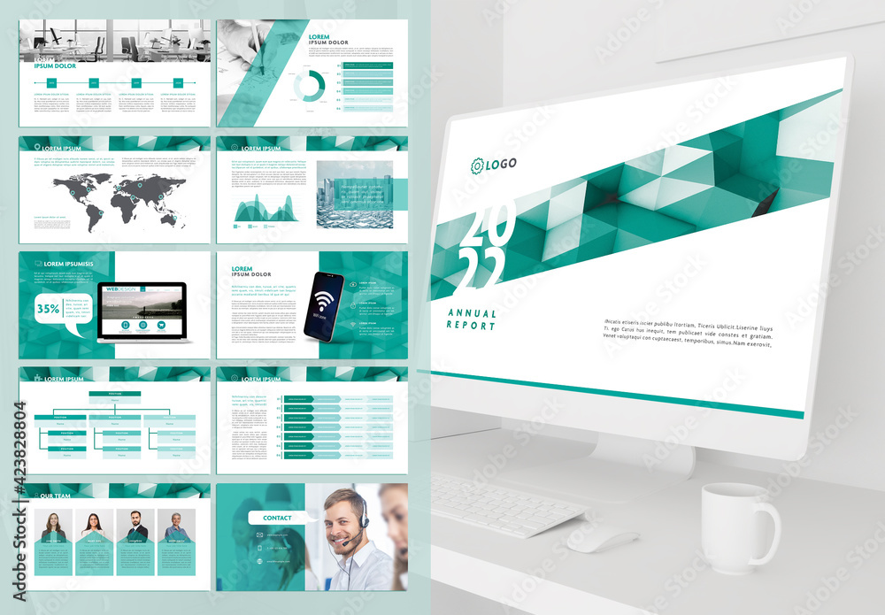 Multipurpose Pitch Deck with Green Squares Stock Template | Adobe Stock