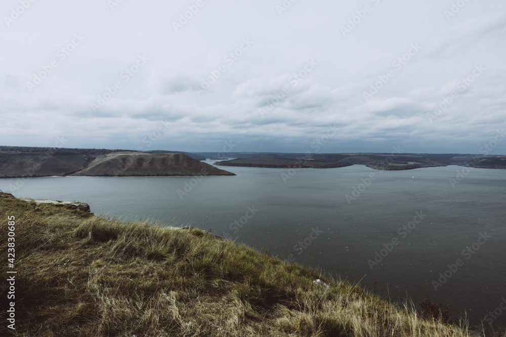 View of Bakota Bay with rocky cliffs by Dniester river. National Park Podilski Tovtry