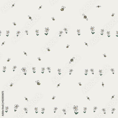 Bees and flowers vector seamless pattern