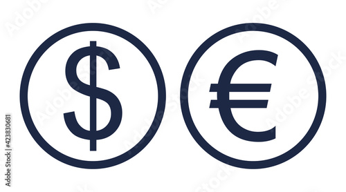 Currency sign, dollar euro icons isolated on a white background. EUR USD currency abbreviation vector illustration. Money cash sign set.