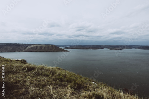 View of Bakota Bay with rocky cliffs by Dniester river. National Park Podilski Tovtry
