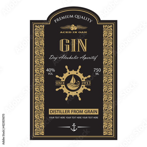 template gin label with helm and yacht in retro style