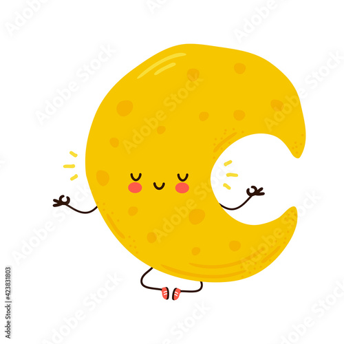 Cute funny Moon meditate in yoga pose. Vector hand drawn cartoon kawaii character illustration icon. Isolated on white background. Moon meditate concept