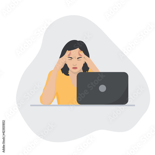 Young woman with headache at the computer. Workplace stress. Vector illustration.