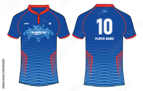 Sports jersey t shirt design concept vector template, Cricket jersey concept with front and back view for Delhi Capitals