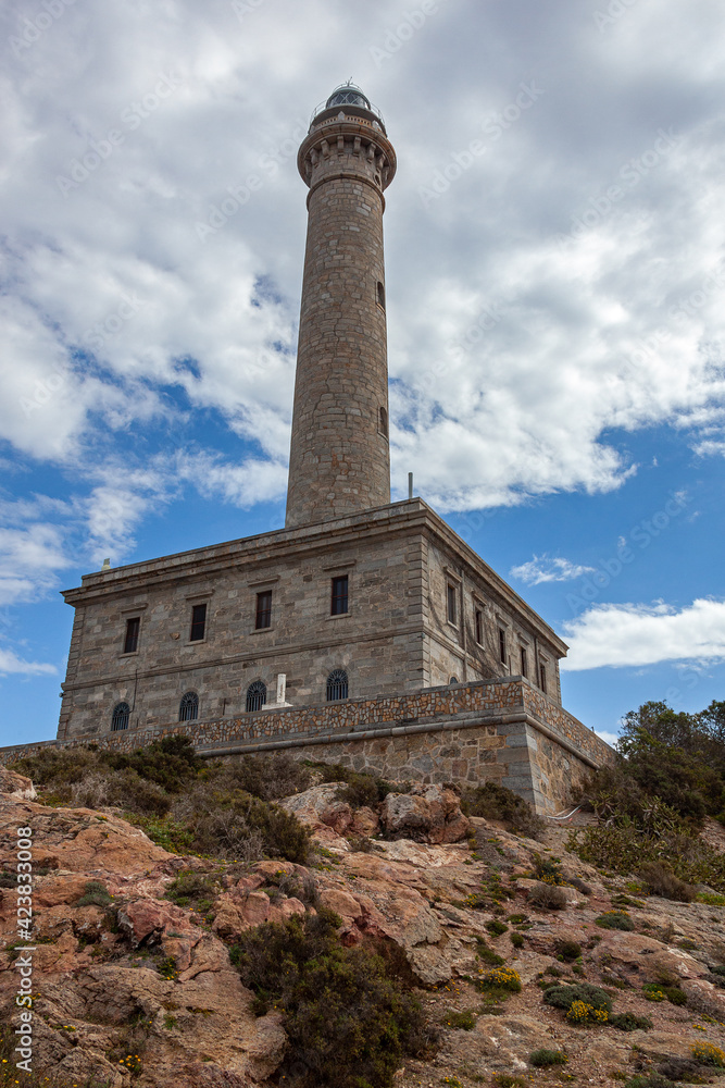 Cabo de Palos Lighthouse  located on a small peninsula in Cartagena, Murcia, Spain
