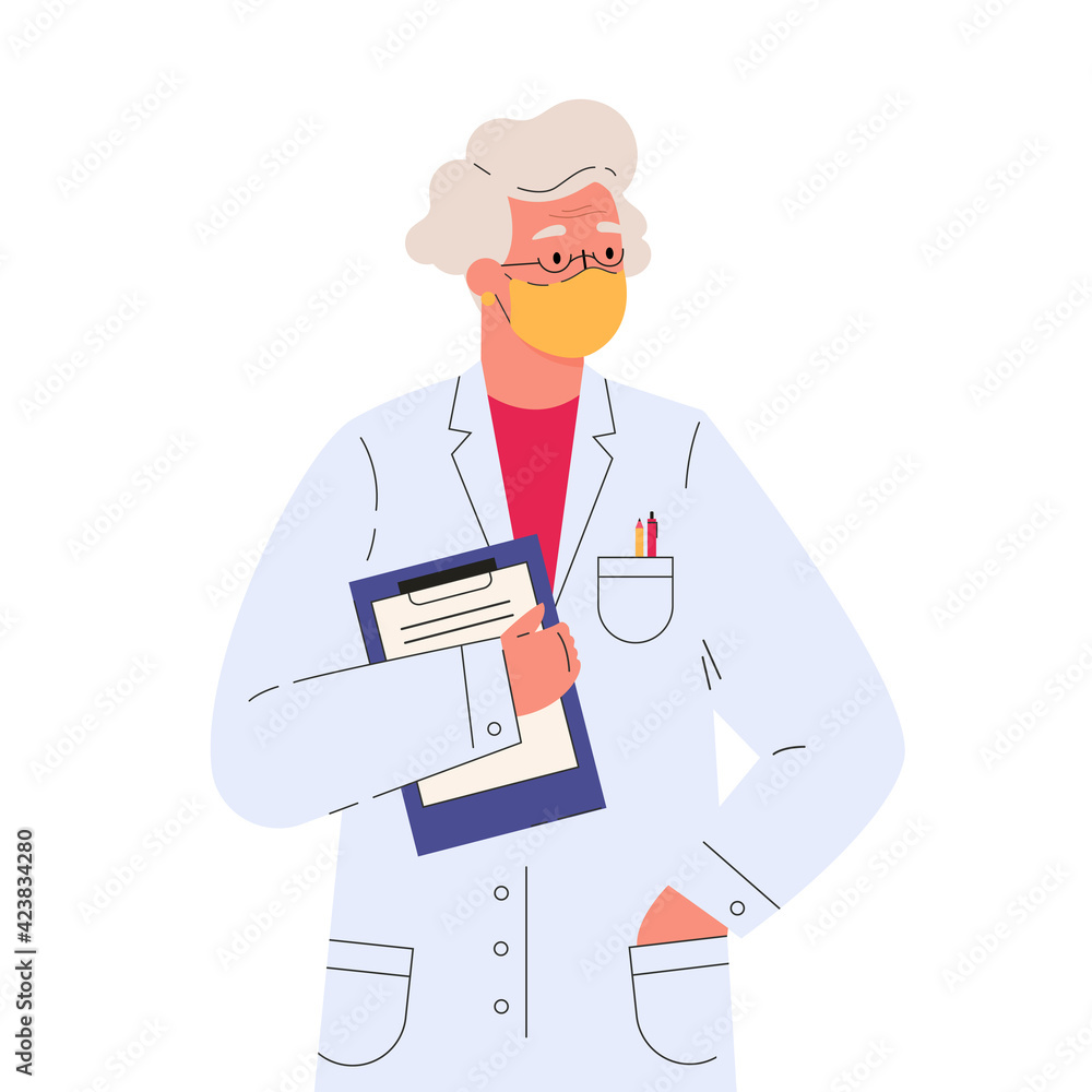 Old female doctor in a medical gown with folder. Vector illustration in flat cartoon style.