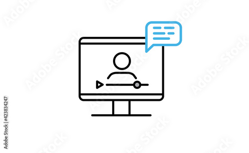 Video conference icon. People on computer screen. Home office. Digital communication. Internet teaching media.