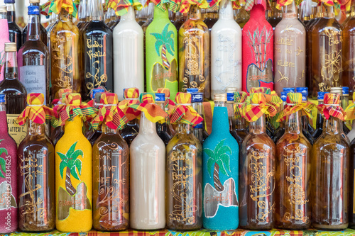 Colourful rum bottles in Guadeloupe