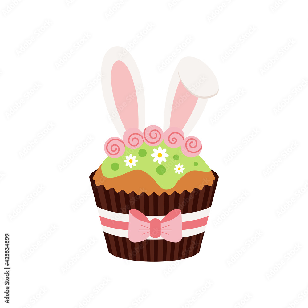 Easter cupcake with bunny ears icon isolated on white background. Cake sweets food muffin with bunny rabbit girl ears and flower. Flat design cartoon style home made easter dessert vector illustration Easter cupcake with bunny ears icon isolated on white background. Cake sweets food muffin with bunny rabbit girl ears and flower. Flat design cartoon style home made easter dessert vector illustration
