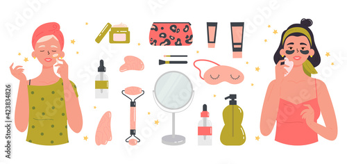 Women with facial gua sha stone. Beauty routine. Face and body skin care concept. Attractive girls with various cosmetics and accessories for beauty. Hand drawn trendy colored illustration. 
