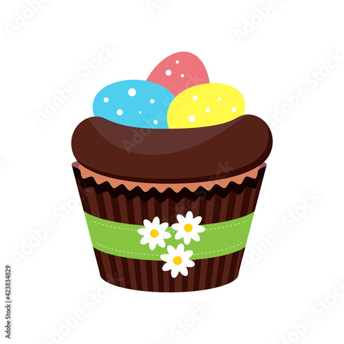 Easter cupcake with eggs in nest isolated on white background. Cake sweets food muffin with colored bird eggs in chocolate nest. Flat design cartoon style home made dessert vector illustration.