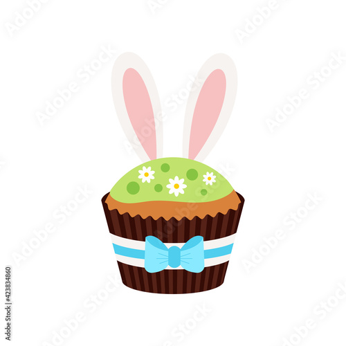 Easter cupcake with bunny ears icon isolated on white background. Cake sweets food muffin with bunny rabbit boy ears. Flat design cartoon style home made easter dessert vector illustration.