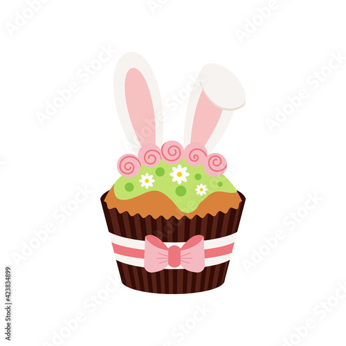 Easter cupcake with bunny ears icon isolated on white background. Cake sweets food muffin with bunny rabbit girl ears and flower. Flat design cartoon style home made easter dessert vector illustration