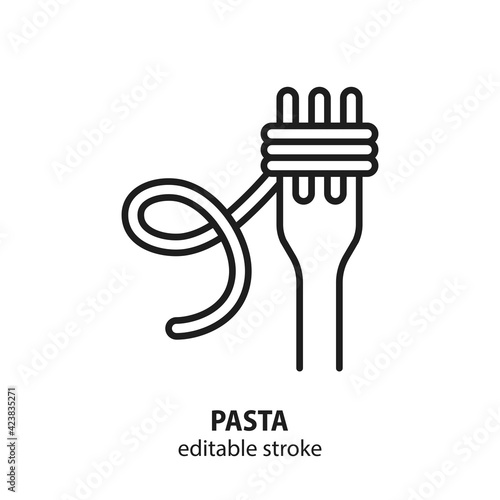Pasta vector icon. Line sign italian pasta for web design isolated on white background. Spaghetti on a fork. Editable stroke.